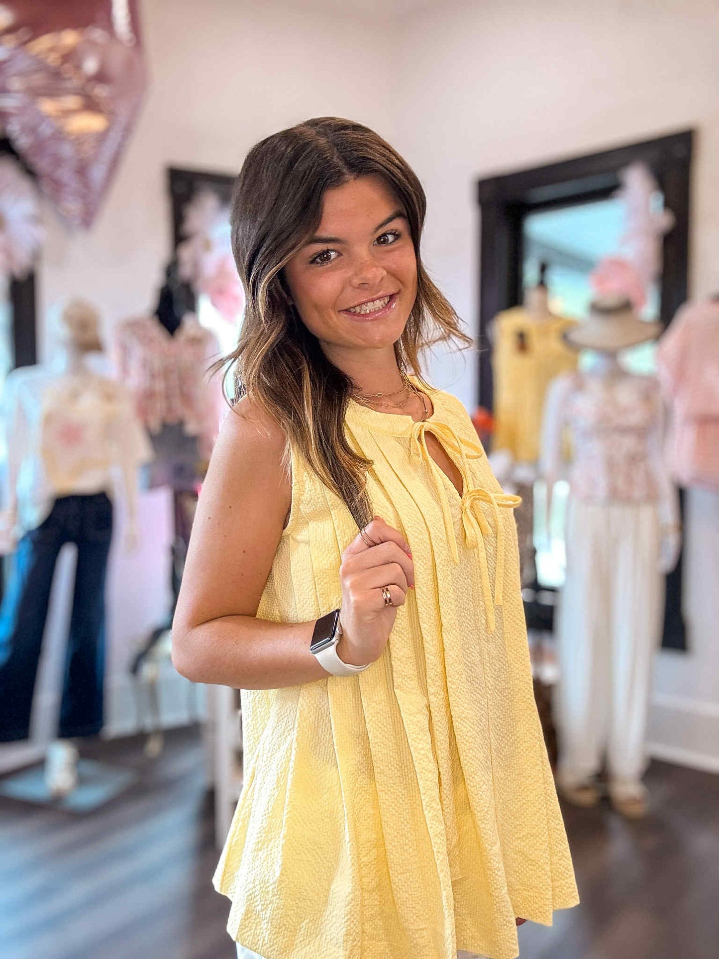 Yellow Cream Bow Tie Notched Neck Pleated Tank Top