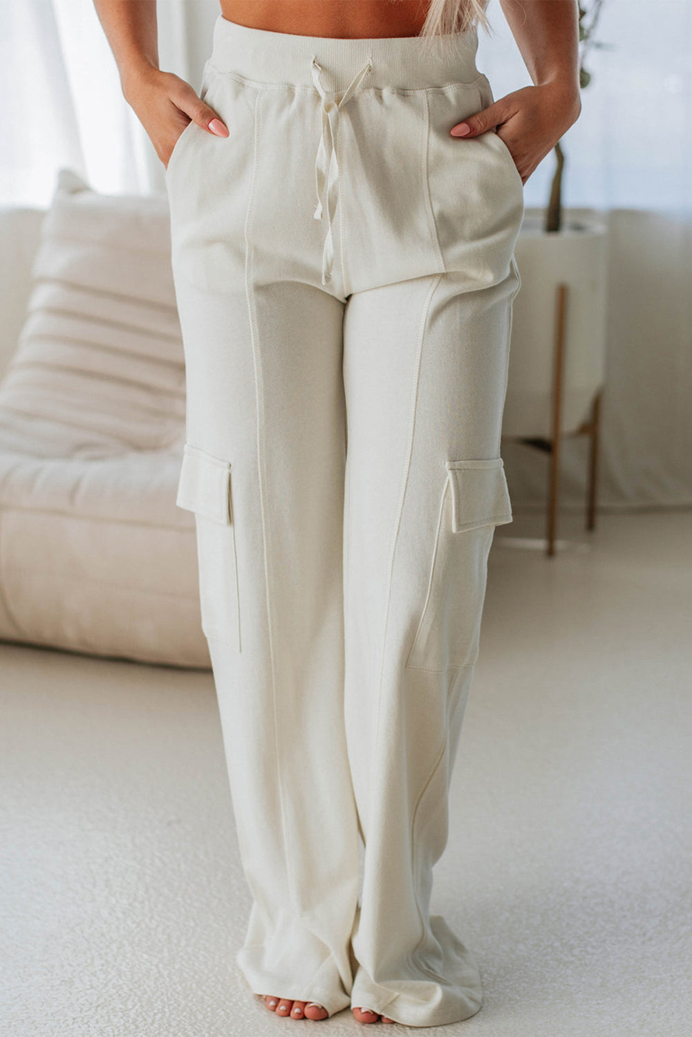 Cream Cargo Pocket High Waist Sweatpants