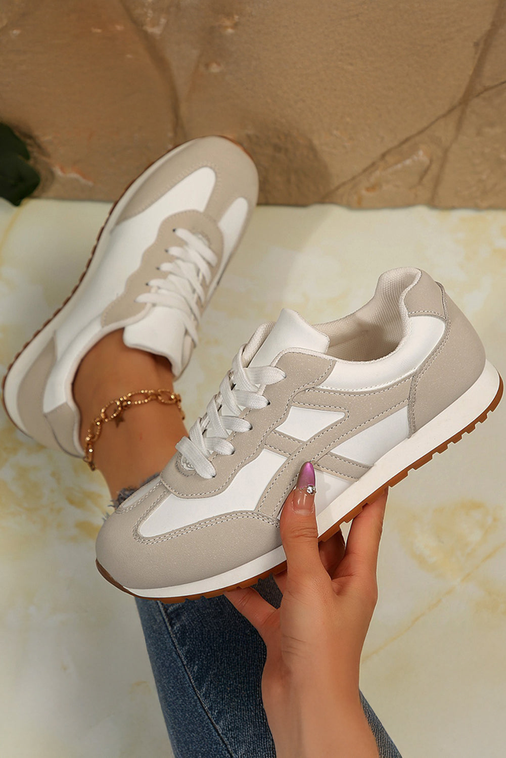 Oatmeal Color Block Leather Sneakers
