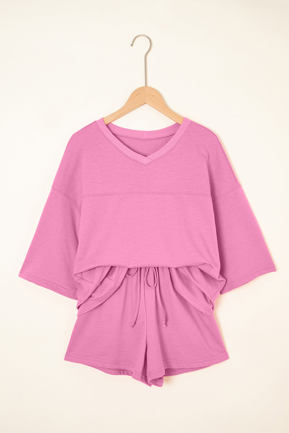 Pink Solid Loose V Neck Half Sleeve Tee and Shorts