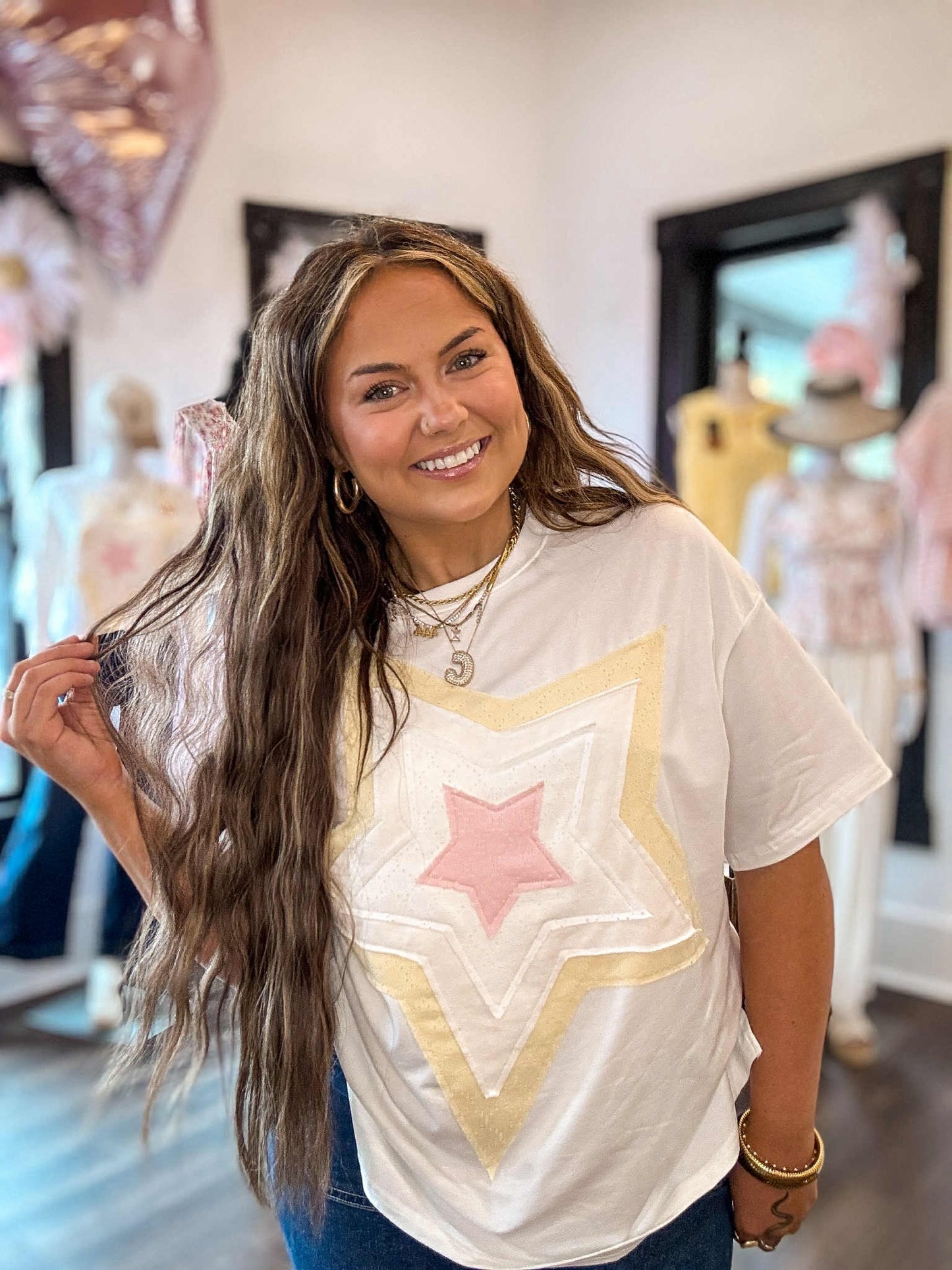 Ivory Star Layered Patched Graphic Half Sleeve Loose Tee