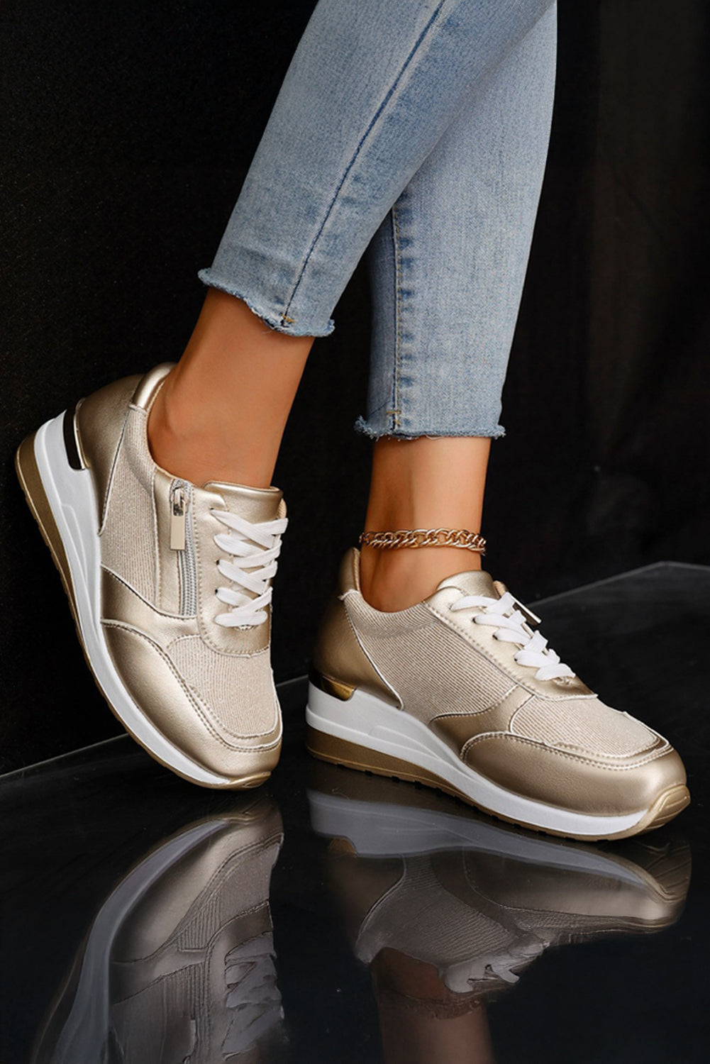 Gold Leather Patchwork Zipper Lace-up Sneakers