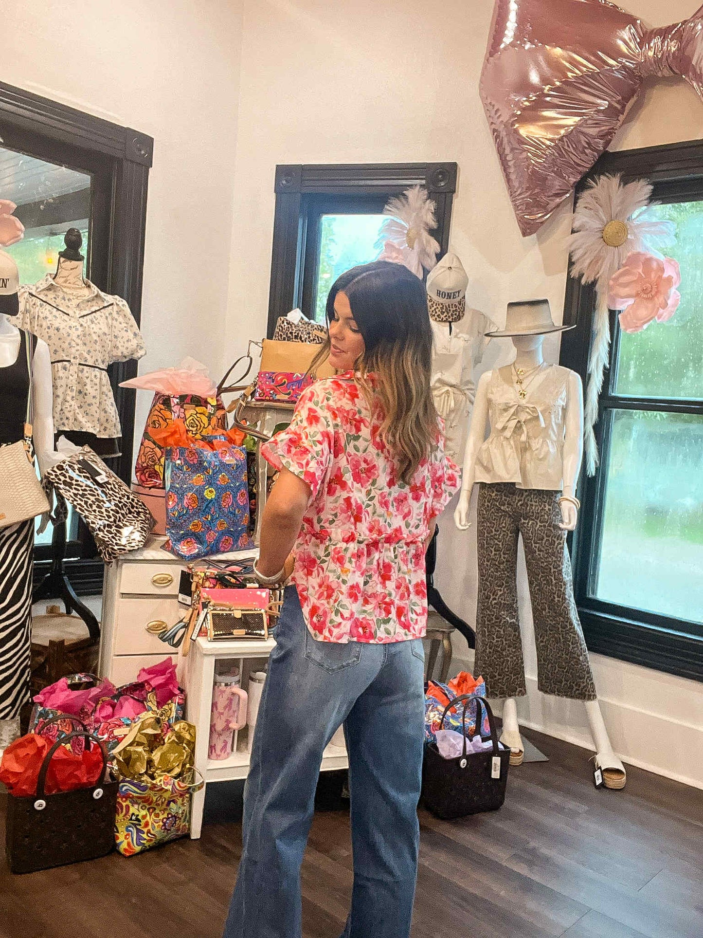 Pink Floral Boxy Fit Ruffled Short Sleeve V Neck Blouse
