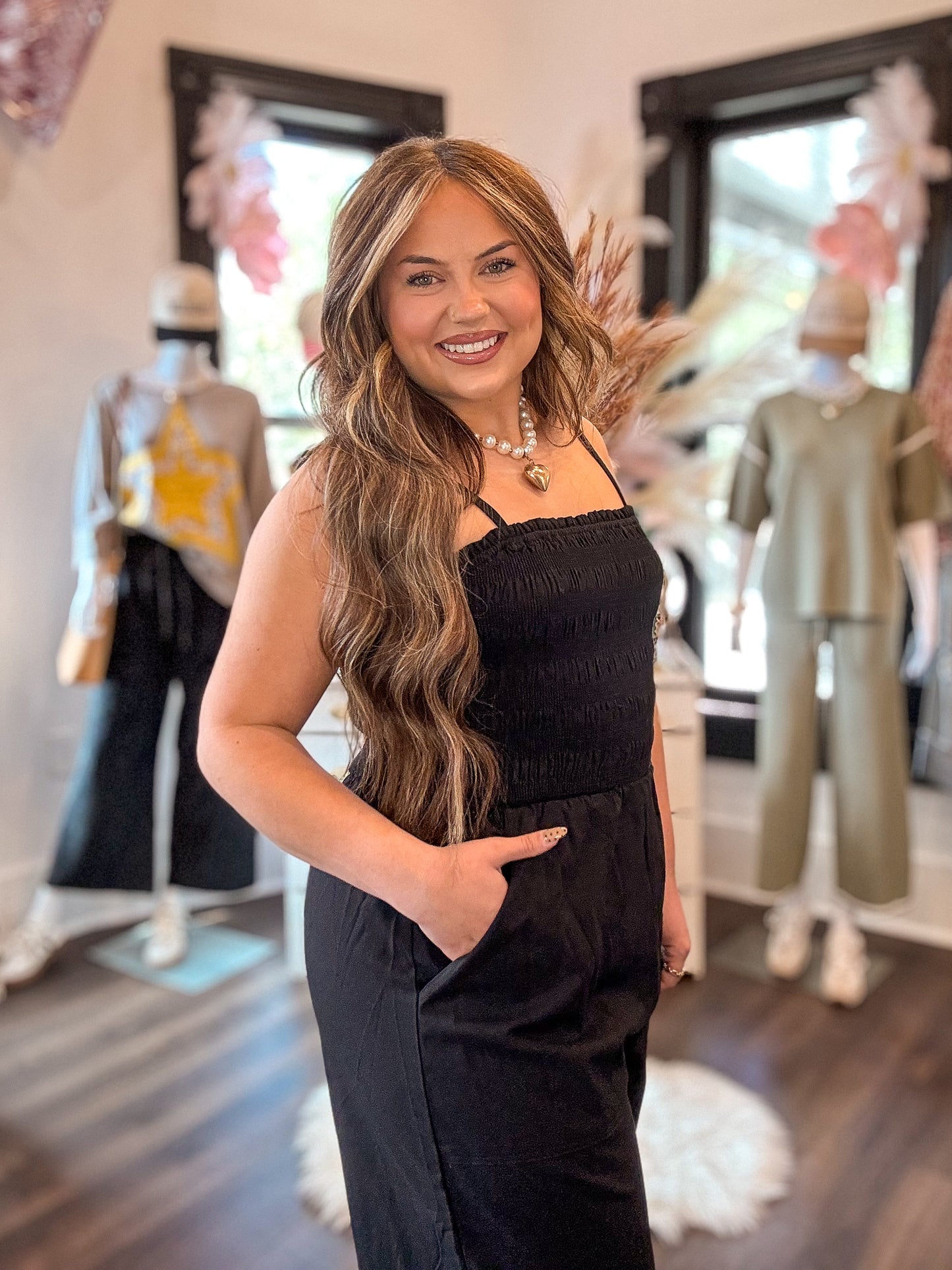 Black Smocked Wide Leg Jumpsuit