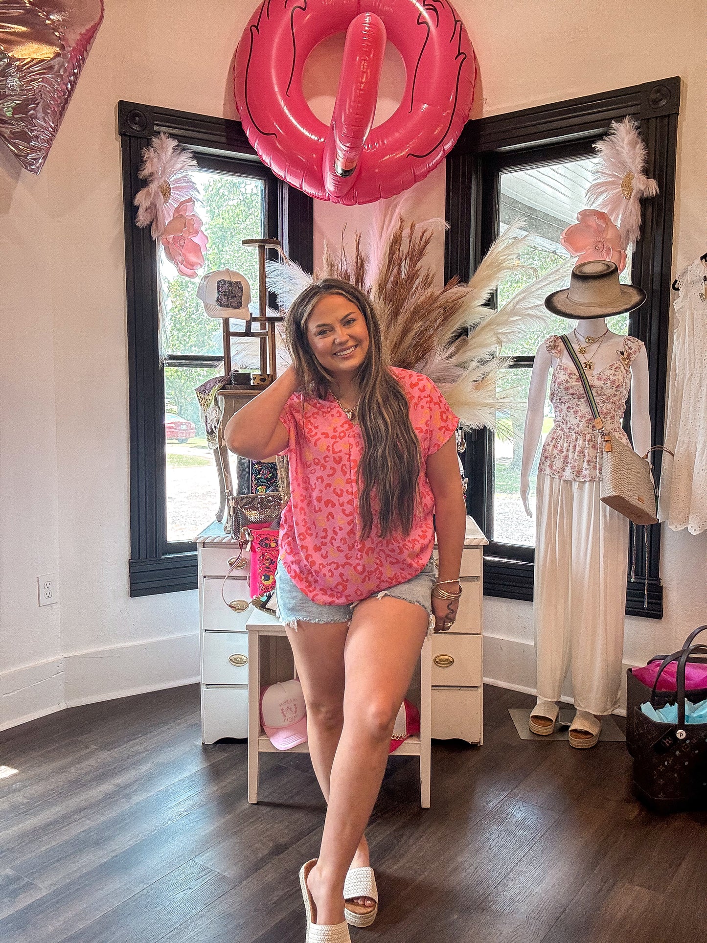 Pink Leopard V Neck Short Sleeve Blouse