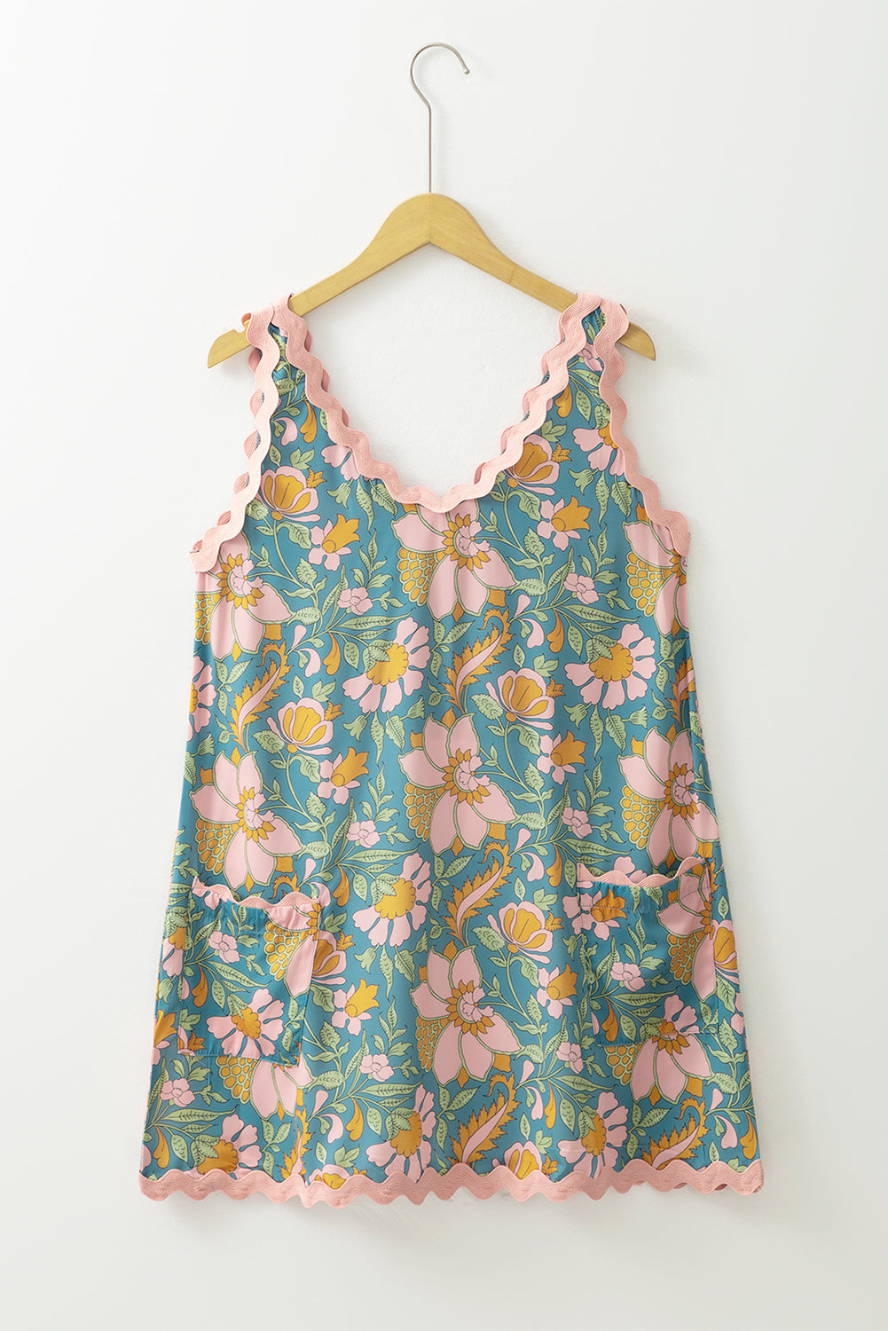 Sky Blue Floral Ricrac Trim Mini Tank Dress