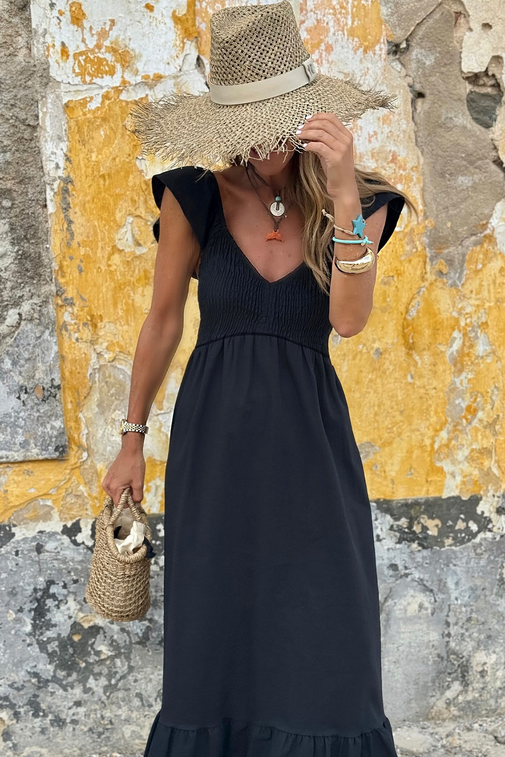 Black V Neck Flutter Sleeve Maxi Dress