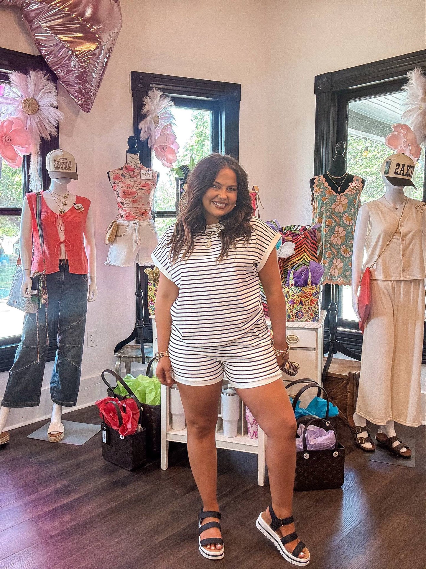 White Stripe Contrast Edge Tee and Shorts Set