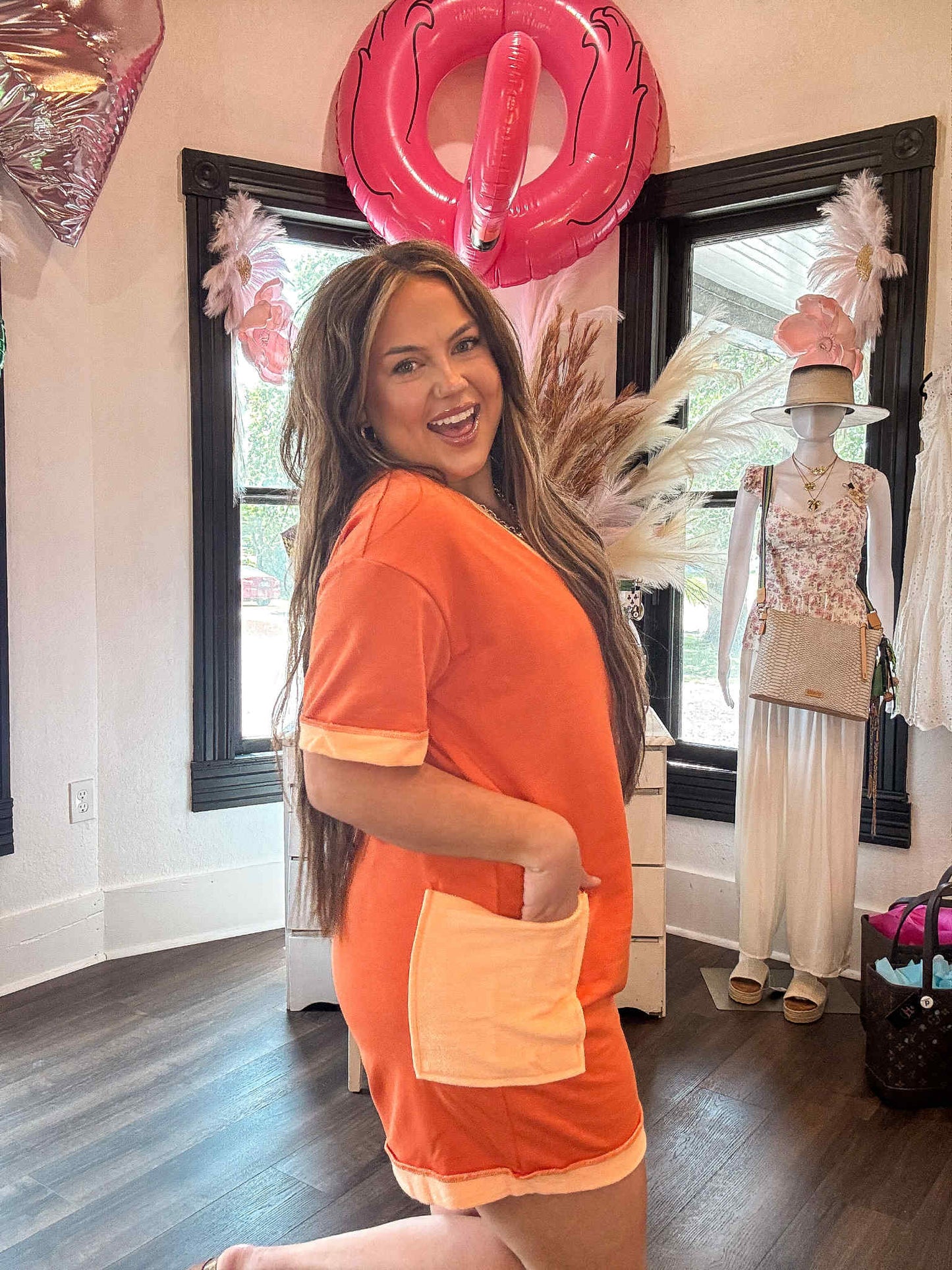 Orange Two-tone Short Sleeve V Neck Patched Pocket Loose Romper