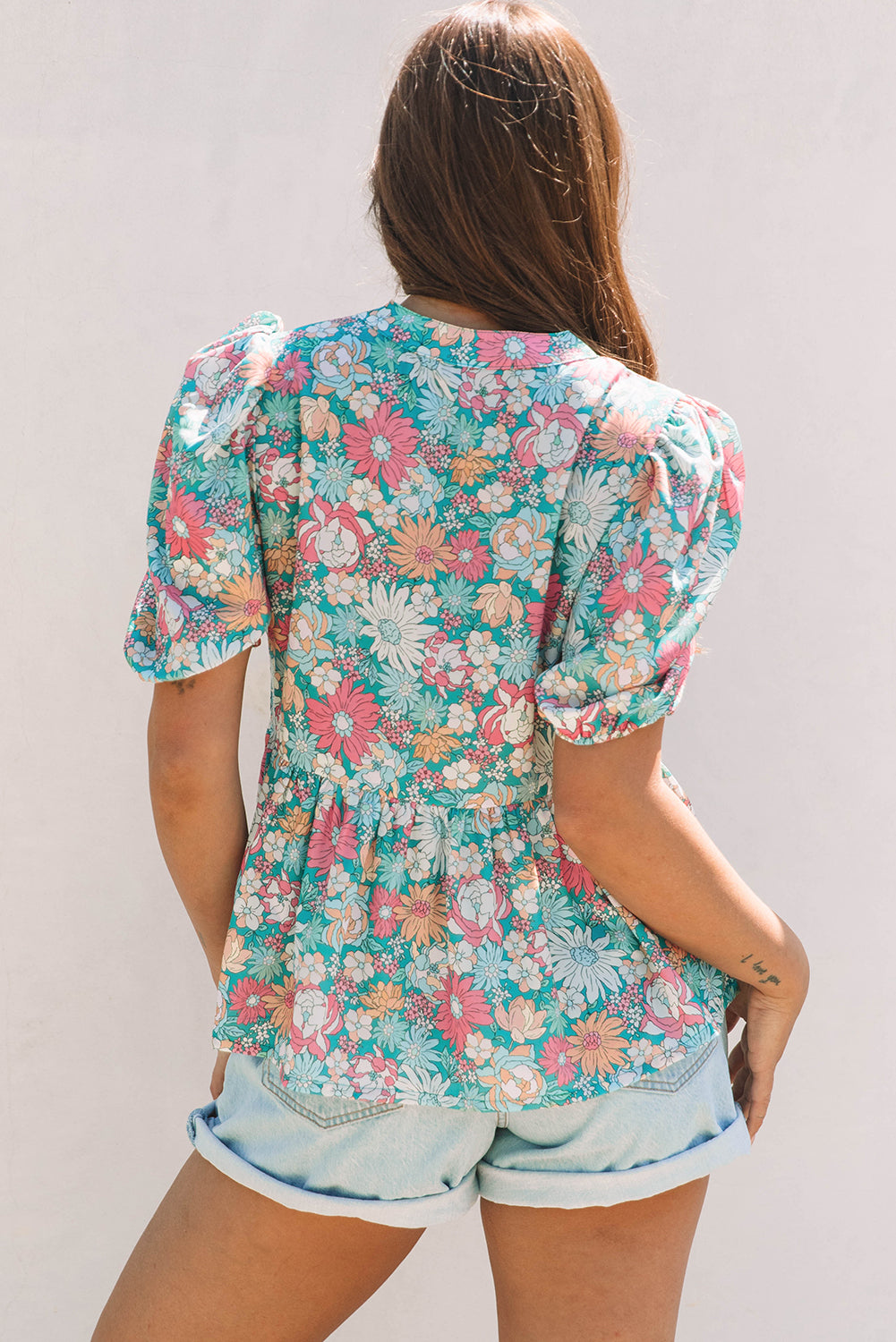 Multicolor Notched Neck Puff Short Sleeve Floral Blouse