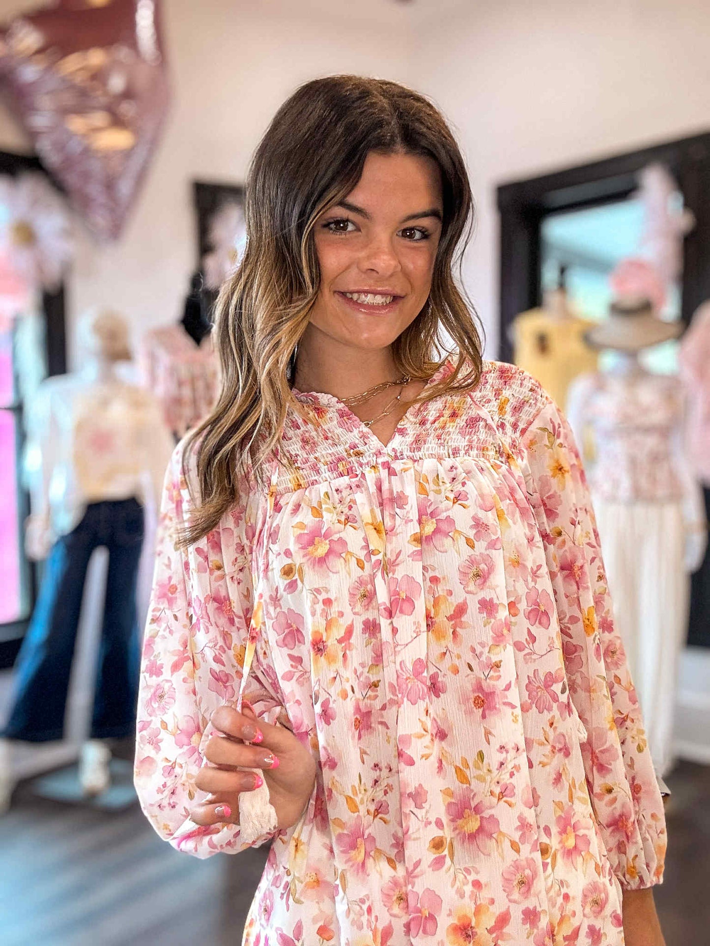Pink Floral Print Tassel Tie Smocked V Neck Puff Sleeve Tunic Blouse