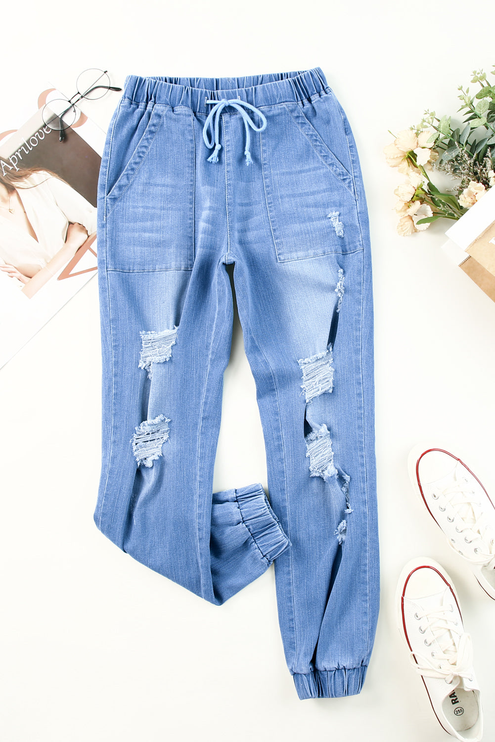 Distressed pocketed denim joggers deals