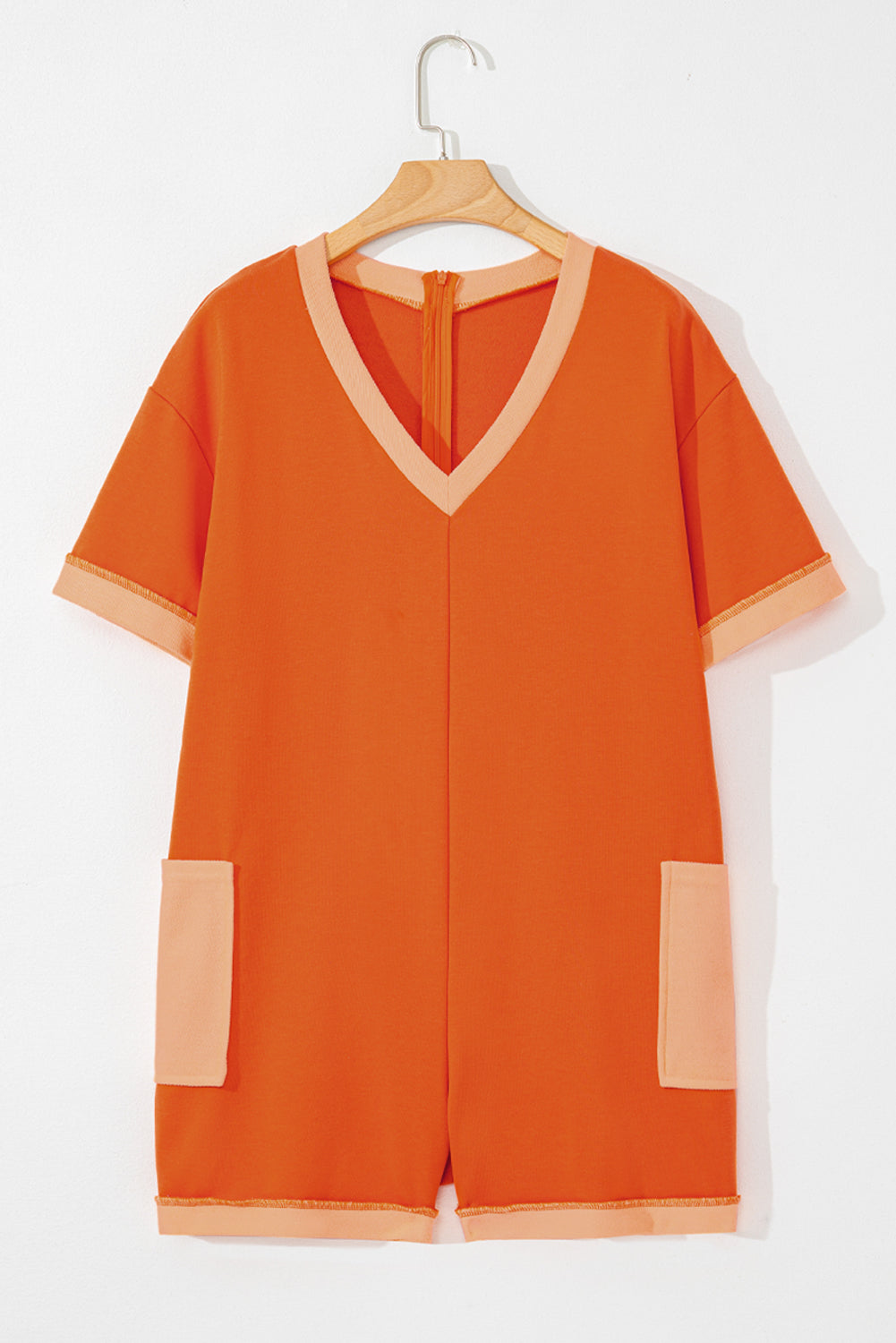 Orange Two-tone Short Sleeve V Neck Patched Pocket Loose Romper