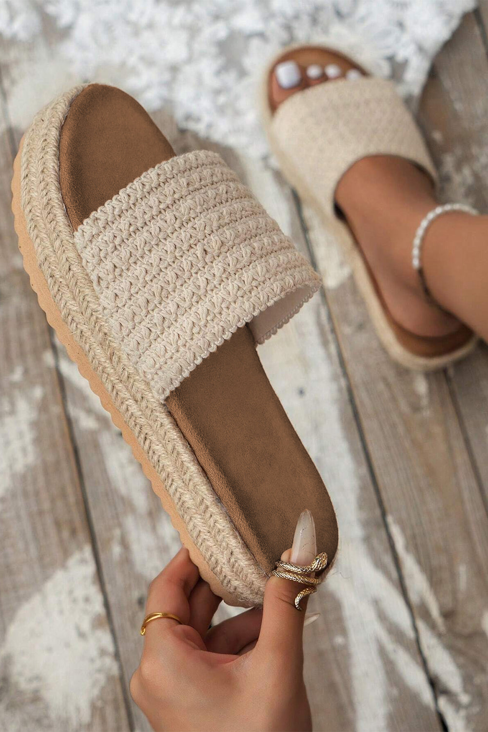 White Boho Woven Non-slip Wedge Sandals