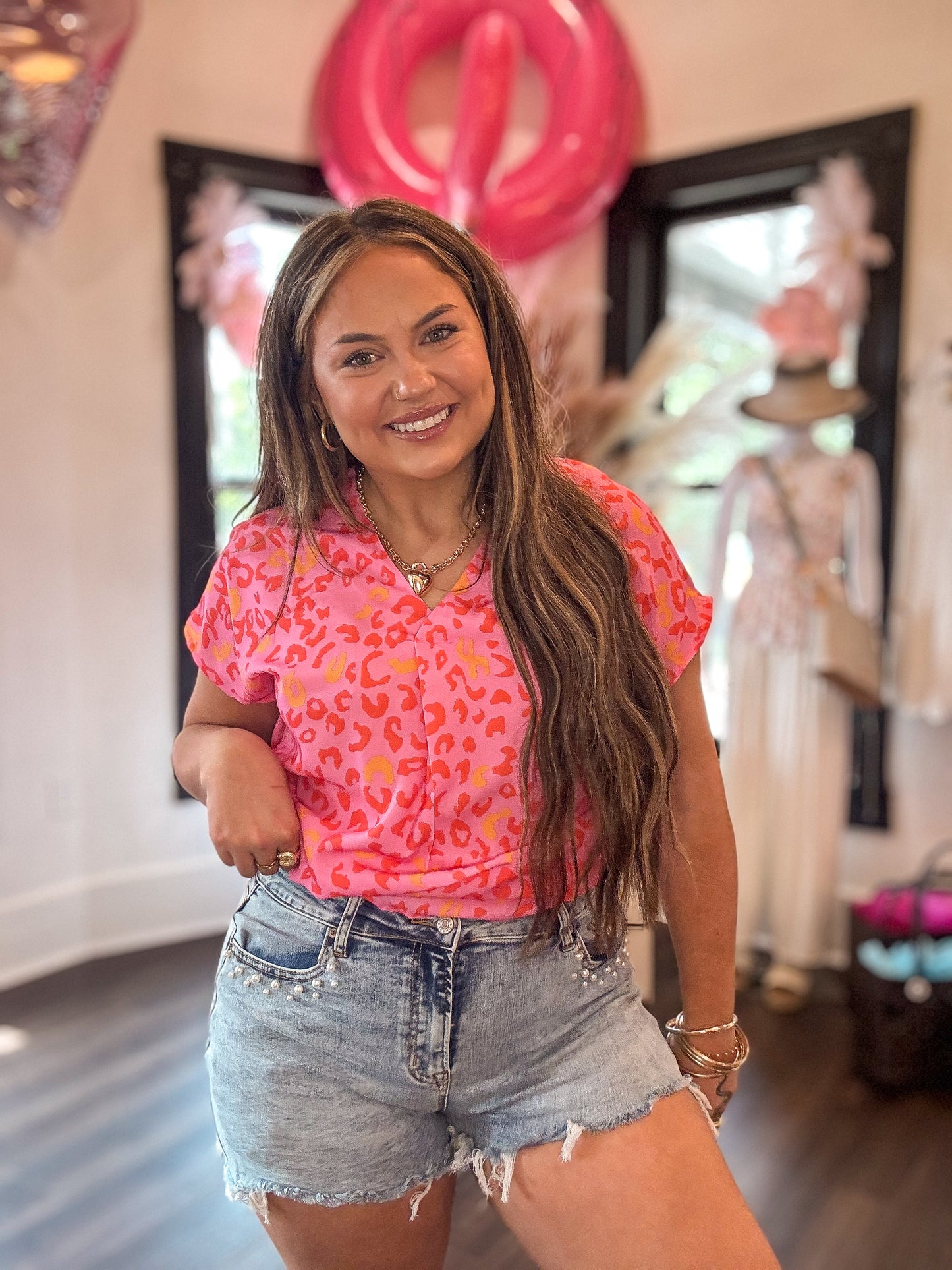 Pink Leopard V Neck Short Sleeve Blouse