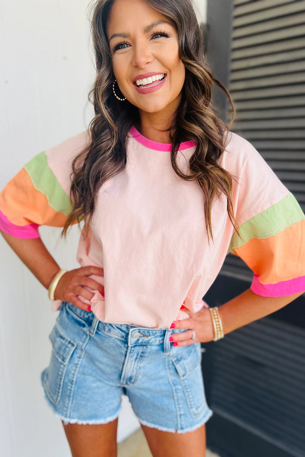 Pink Color Block Stitching Sleeve Oversize Top