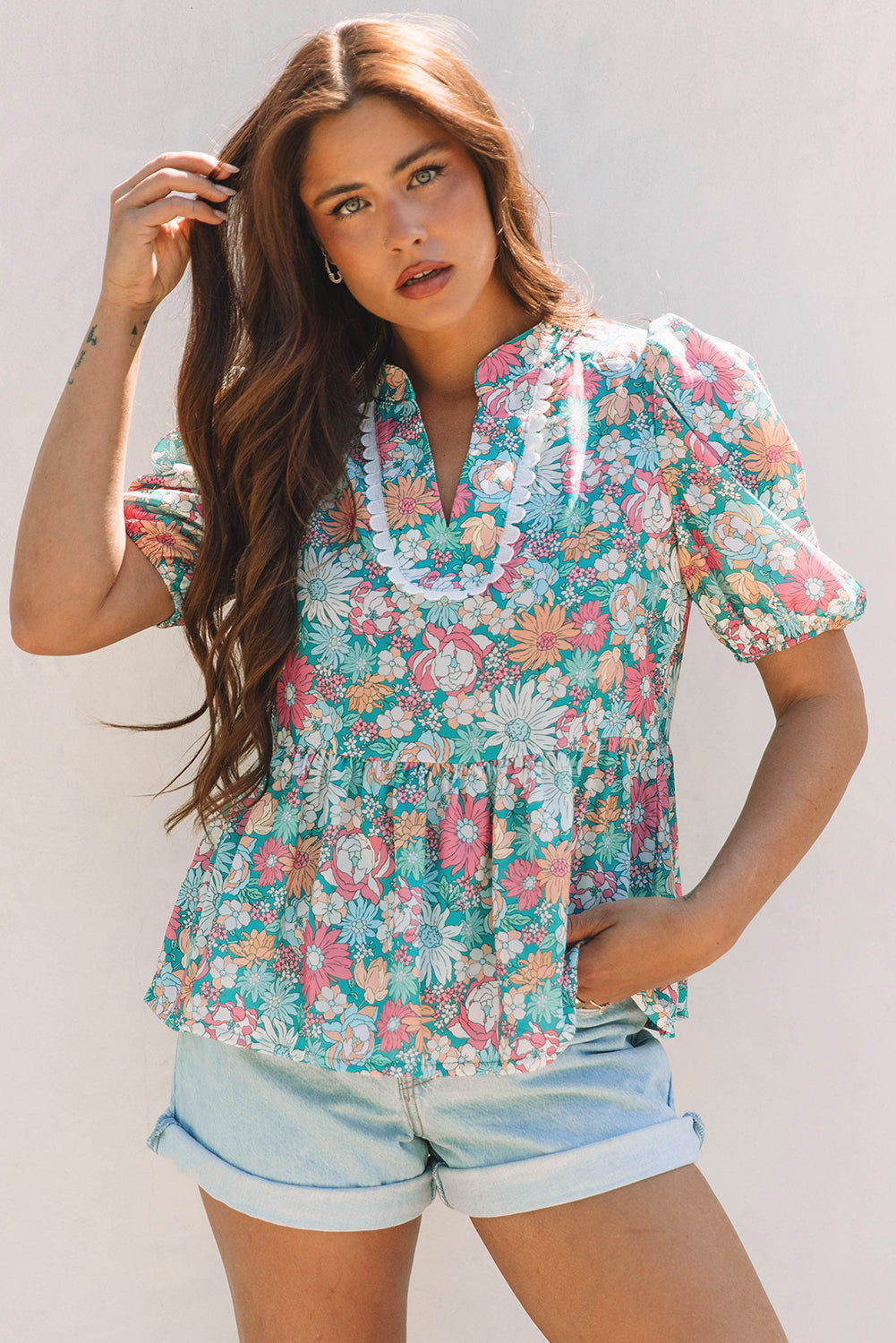 Multicolor Notched Neck Puff Short Sleeve Floral Blouse