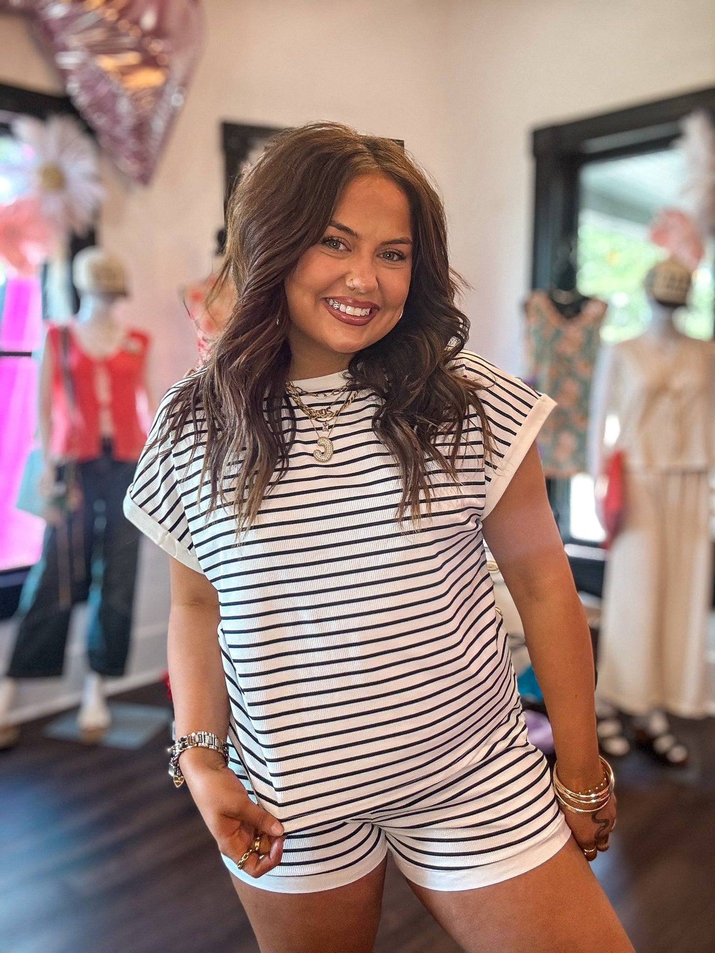 White Stripe Contrast Edge Tee and Shorts Set