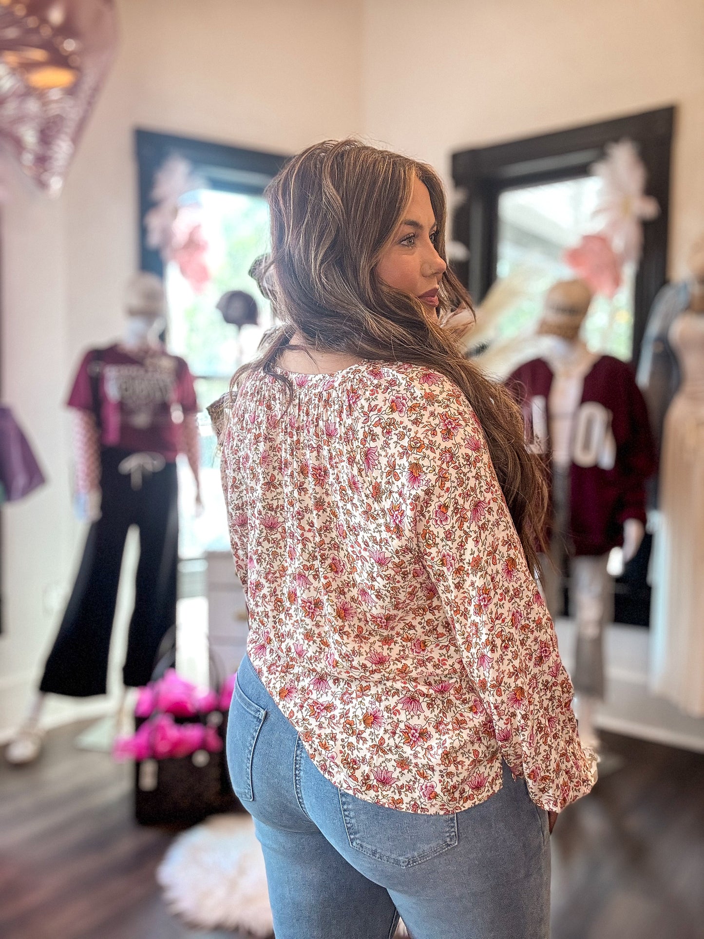 Floral Print Pleated Puff Sleeve Blouse