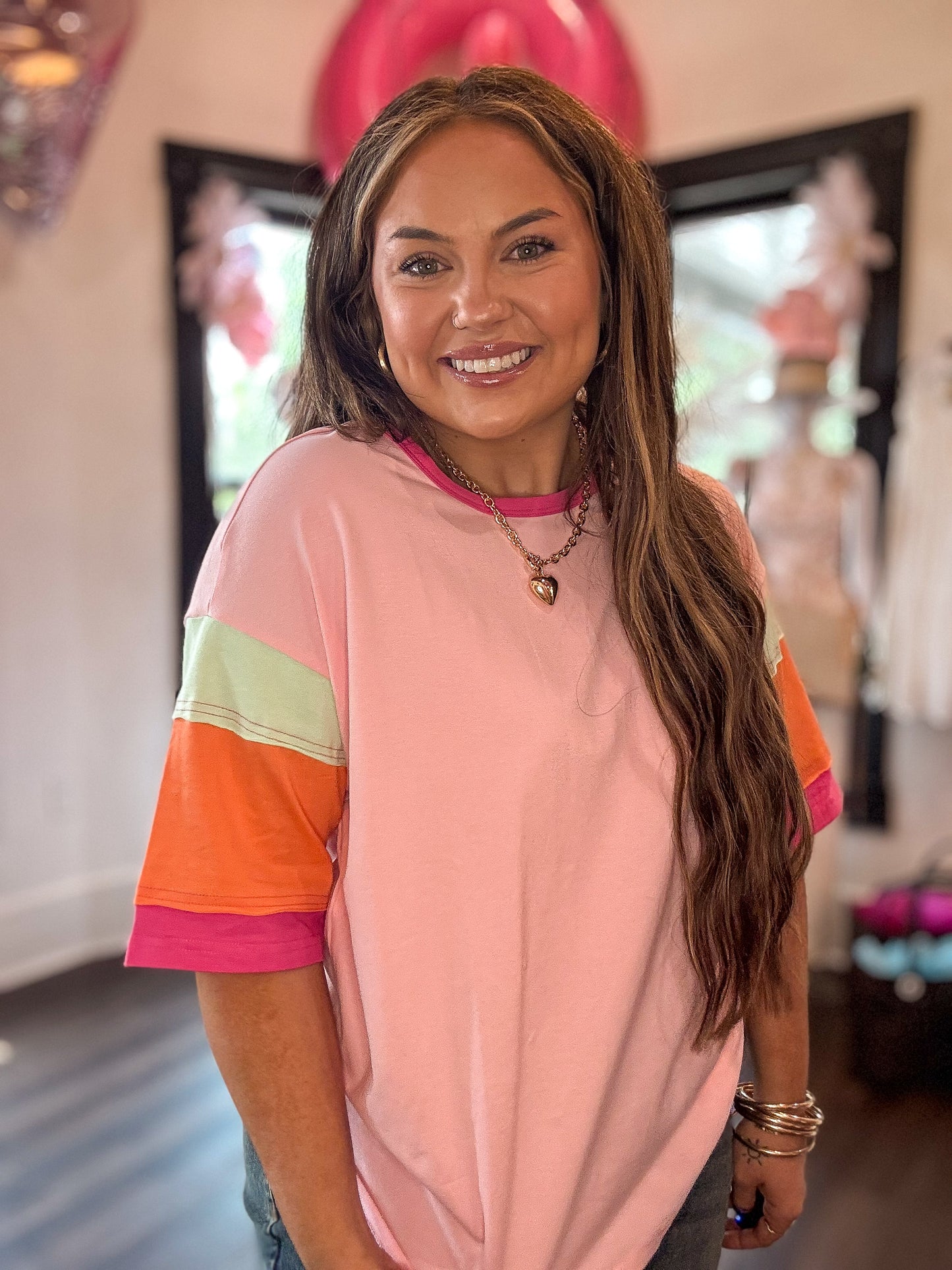 Pink Color Block Stitching Sleeve Oversize Top