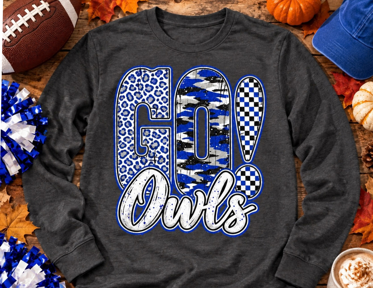 Go Owls Mixed Print Long Sleeve Tee
