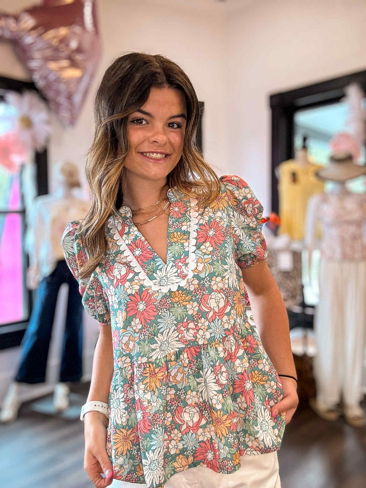 Multicolor Notched Neck Puff Short Sleeve Floral Blouse