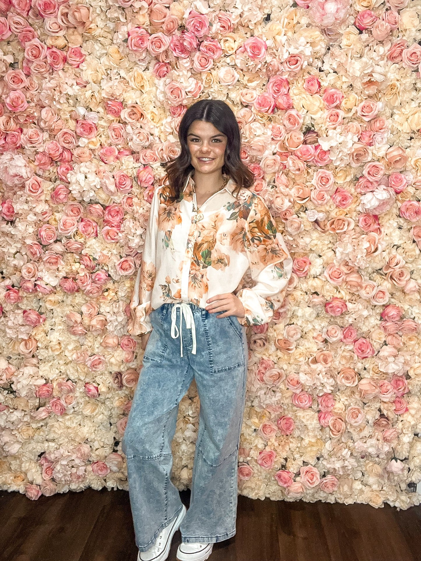Rustic Orange Floral Puff Sleeve Blouse