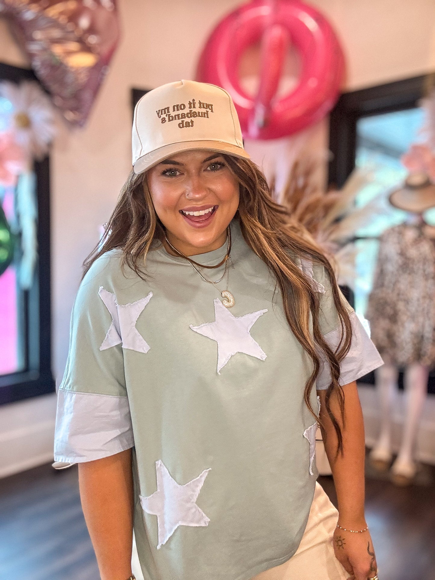 Smoke Green Frayed Denim Star Patched Oversize T Shirt
