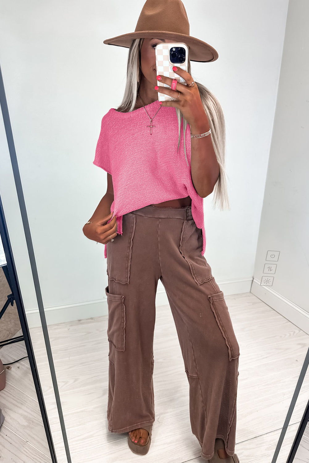 Bright Pink Solid Color Sweater Tee with Side Slits