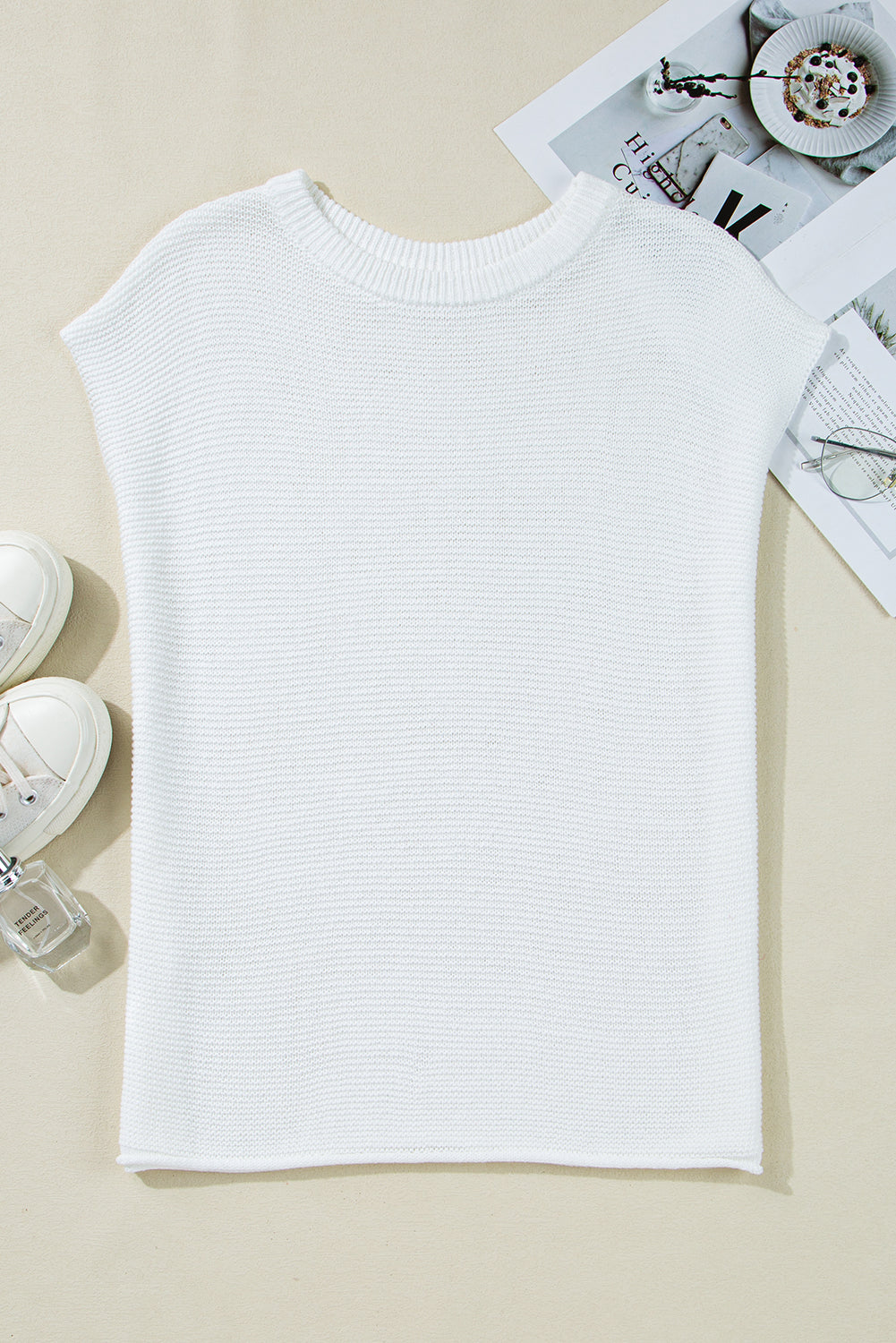 Ivory Solid Color Sweater Tee with Side Slits