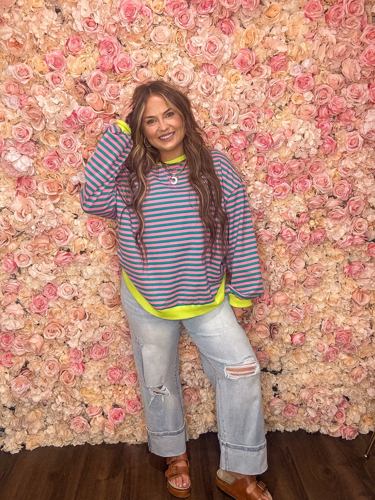 Teal Stripe Oversized Contrast Trim Sweatshirt