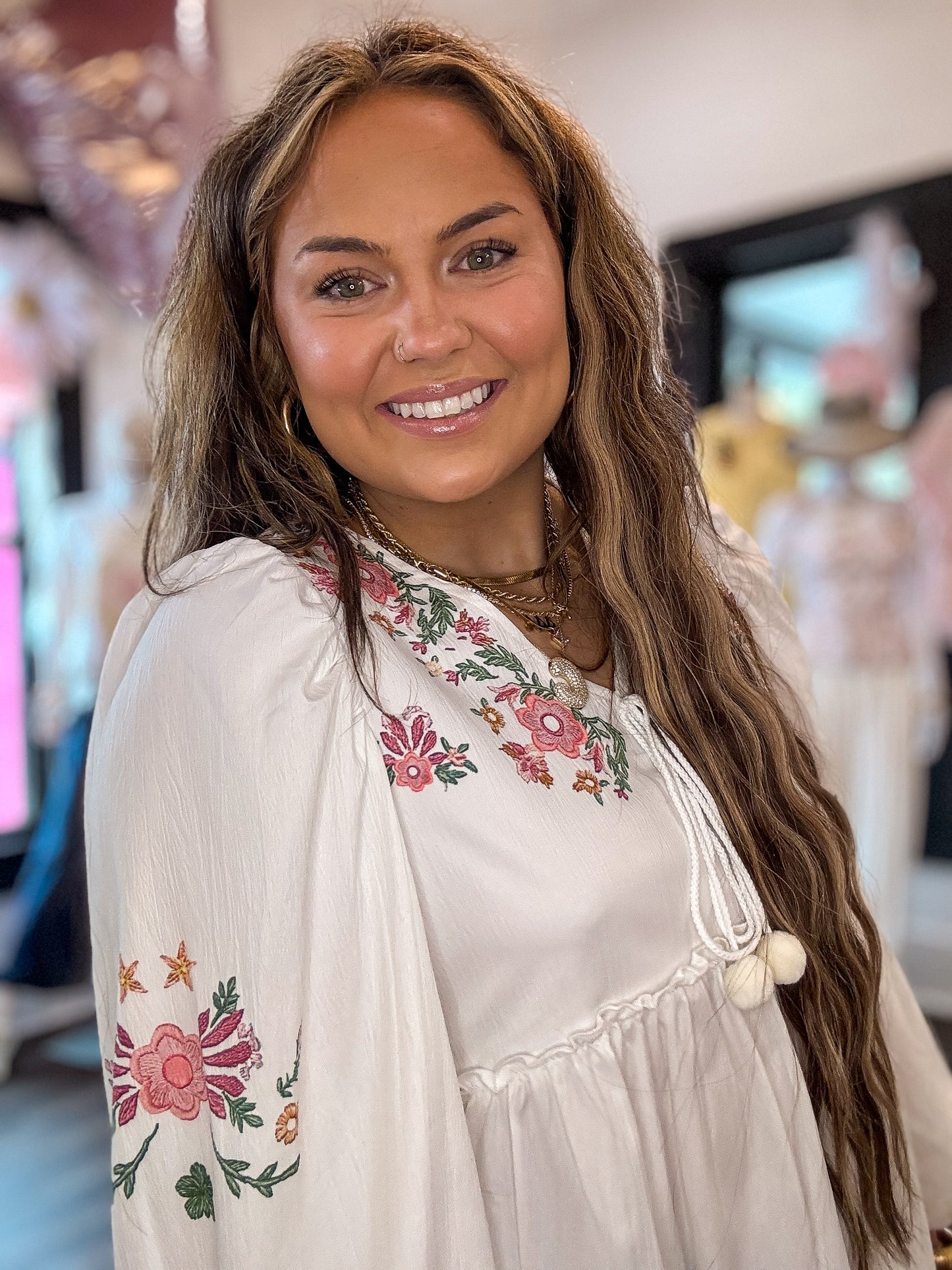 White Flower Lace-up V Neck Babydoll Blouse