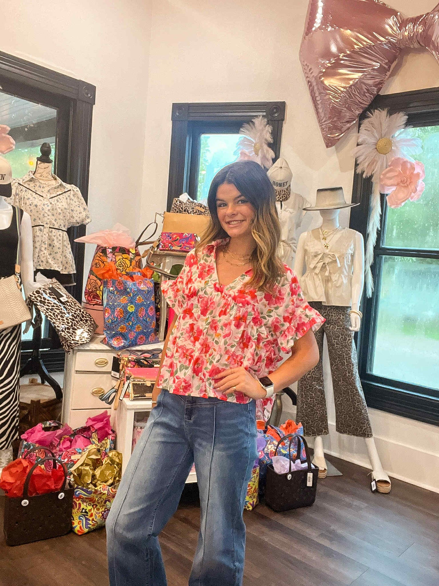 Pink Floral Boxy Fit Ruffled Short Sleeve V Neck Blouse