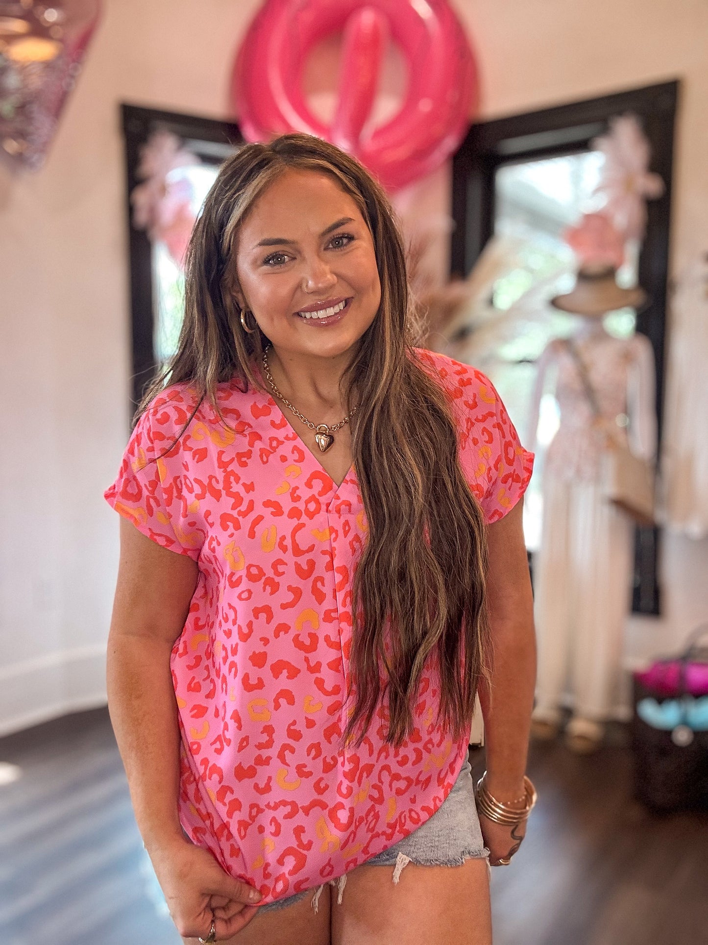 Pink Leopard V Neck Short Sleeve Blouse