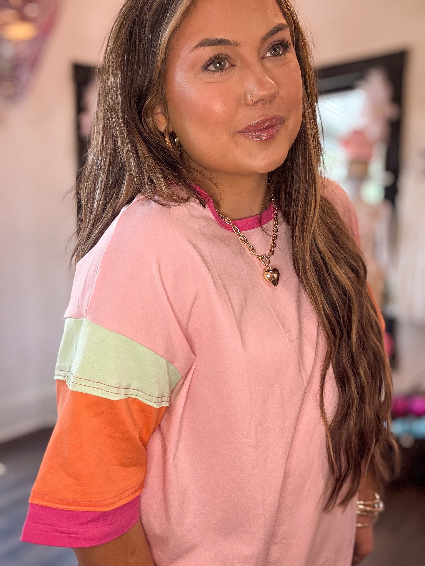 Pink Color Block Stitching Sleeve Oversize Top