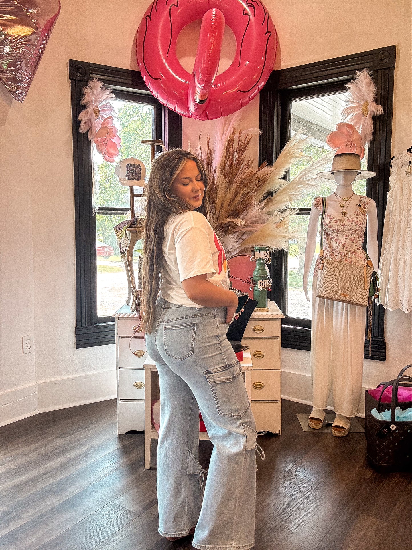 Beau Blue Bowknot Decor Boyfriend Cargo Jeans