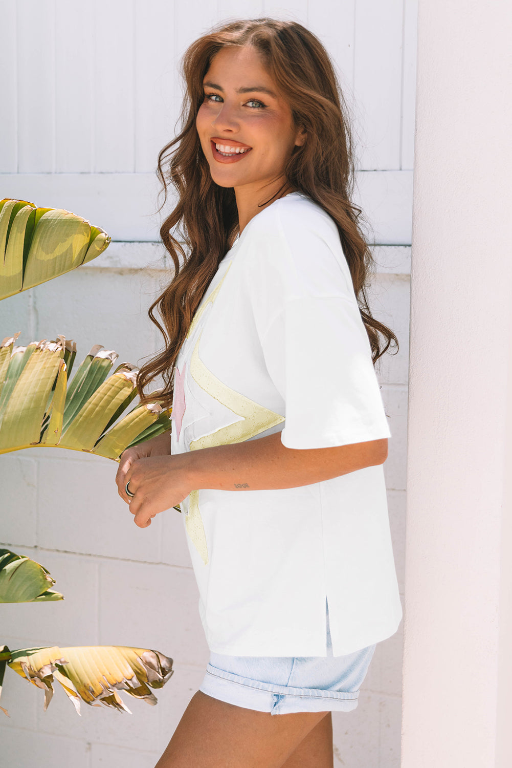 Ivory Star Layered Patched Graphic Half Sleeve Loose Tee