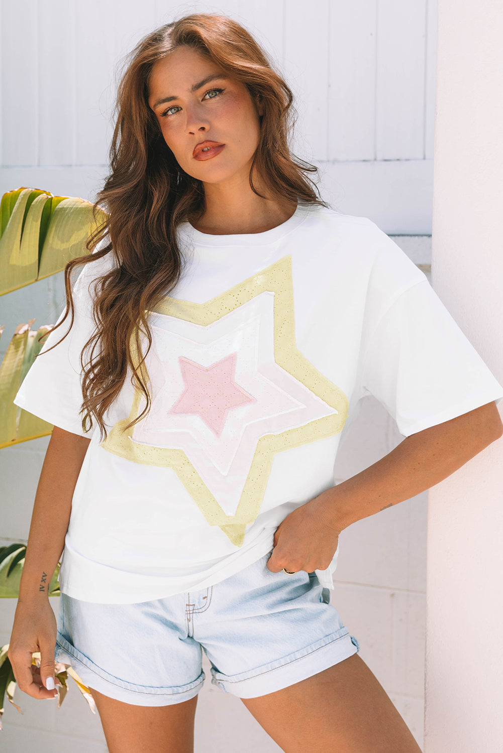 Ivory Star Layered Patched Graphic Half Sleeve Loose Tee