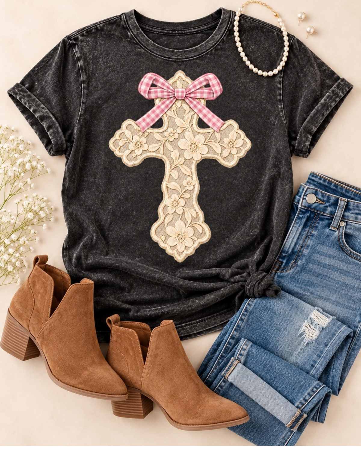 Gingham Bow Lace Cross Graphic Tee