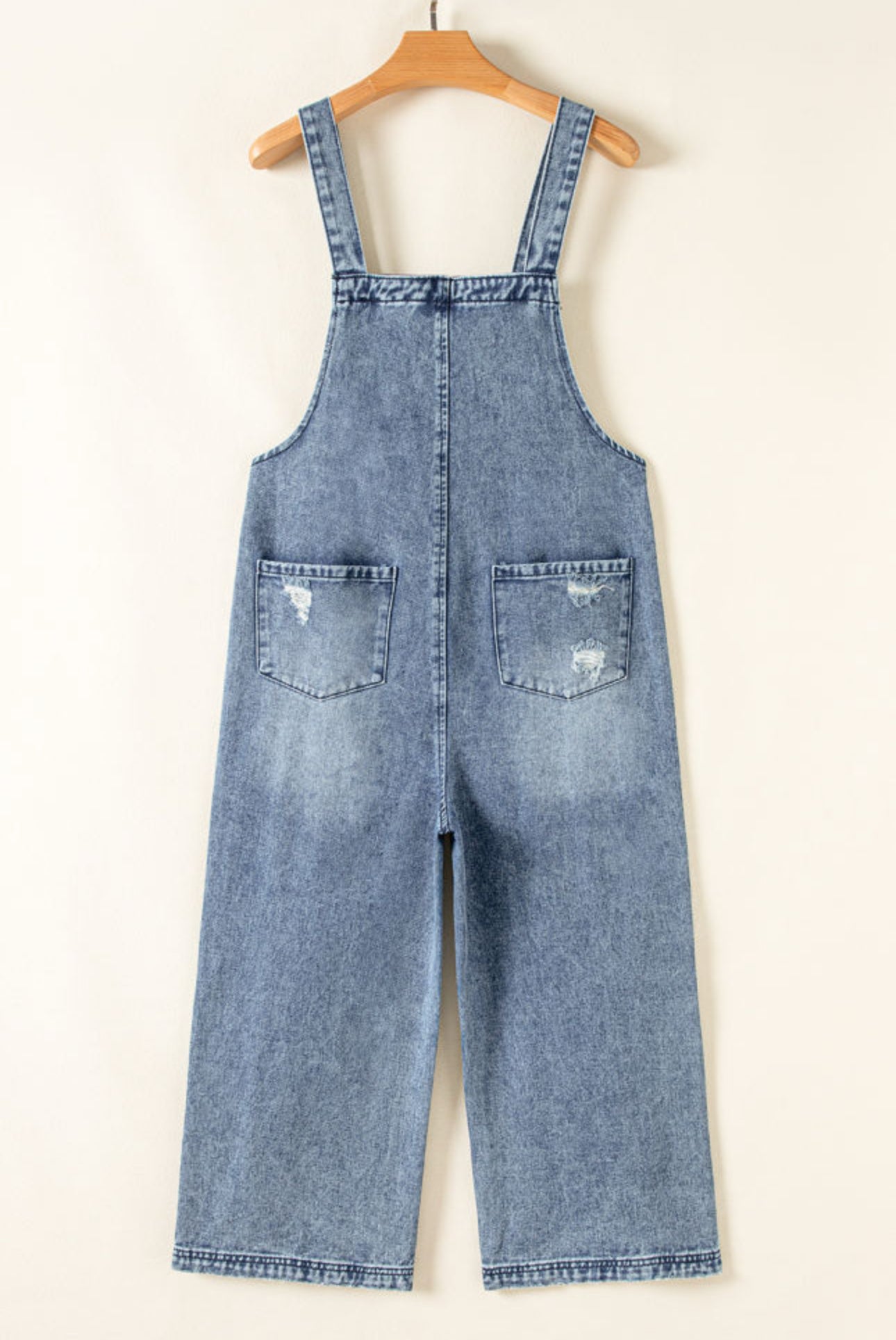 Stone Blue Distressed Wide Leg Denim Overalls
