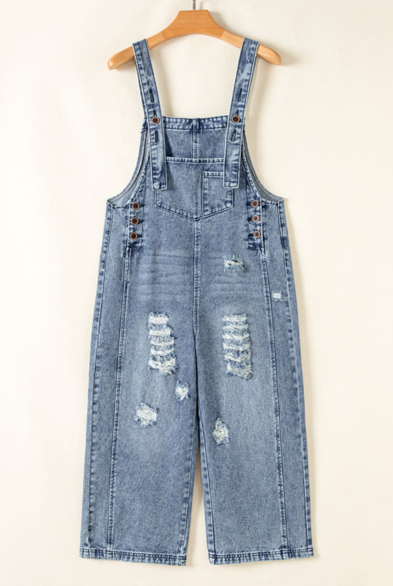 Stone Blue Distressed Wide Leg Denim Overalls