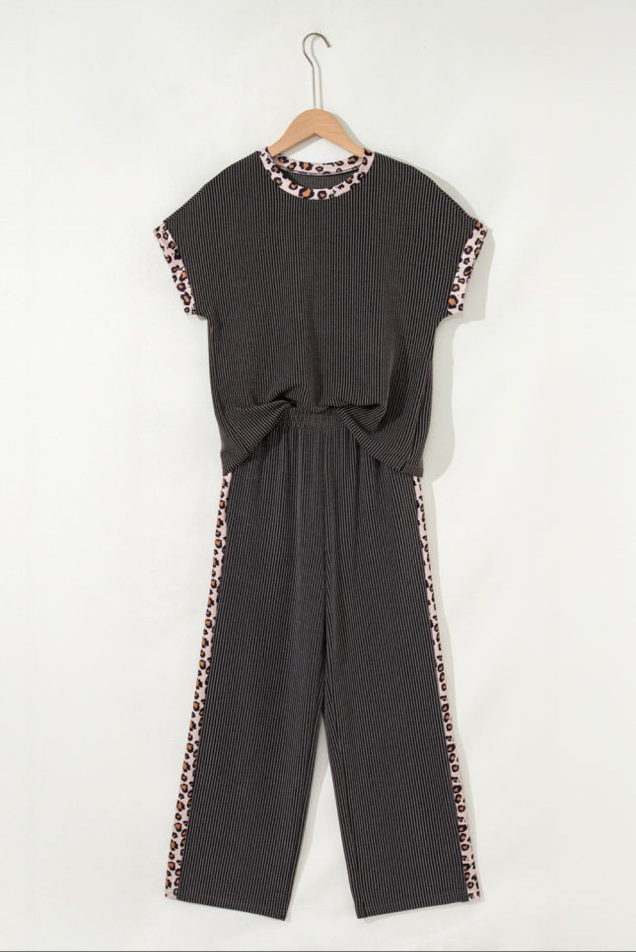 Carbon Grey Leopard Patchwork Top and Cropped Pants Set