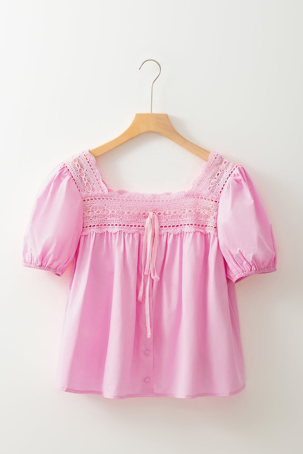 Light Pink Lace Square Neck Patchwork Puff Sleeve Blouse