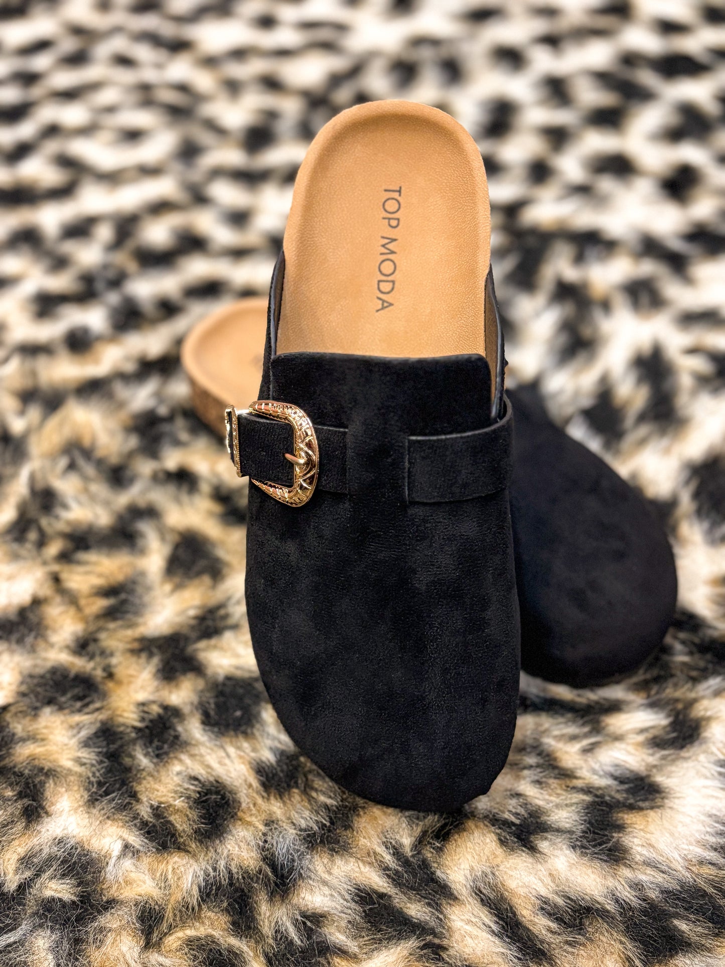 Black Suede Gold Buckle Clogs