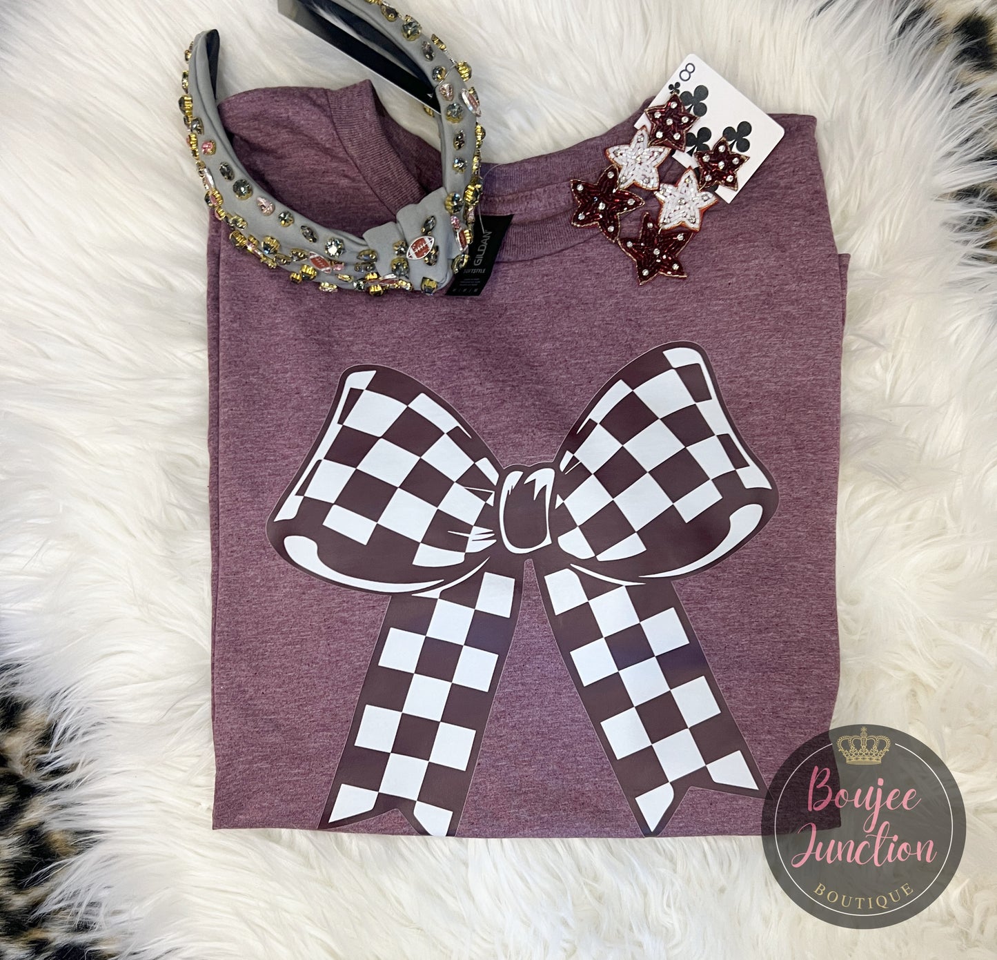 Maroon & White Checkered Bow Tee