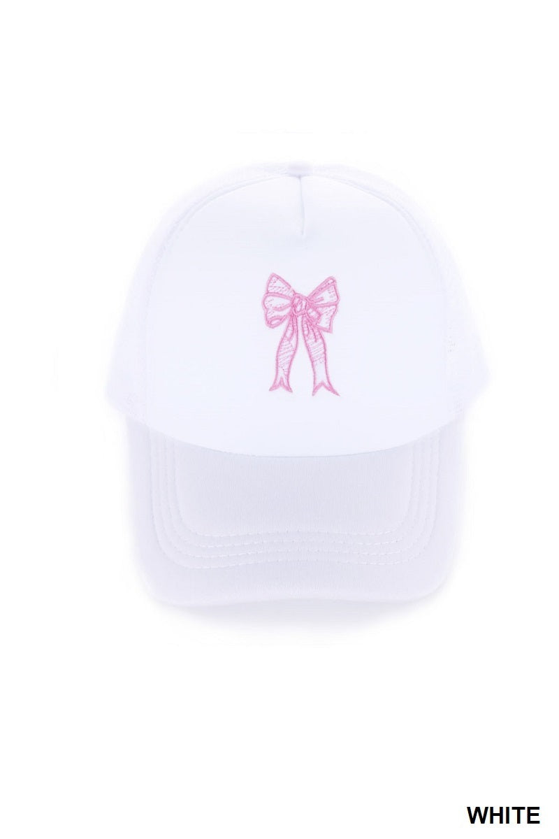 COQUETTE RIBBON BOW EMBROIDERY TRUCKER HAT
