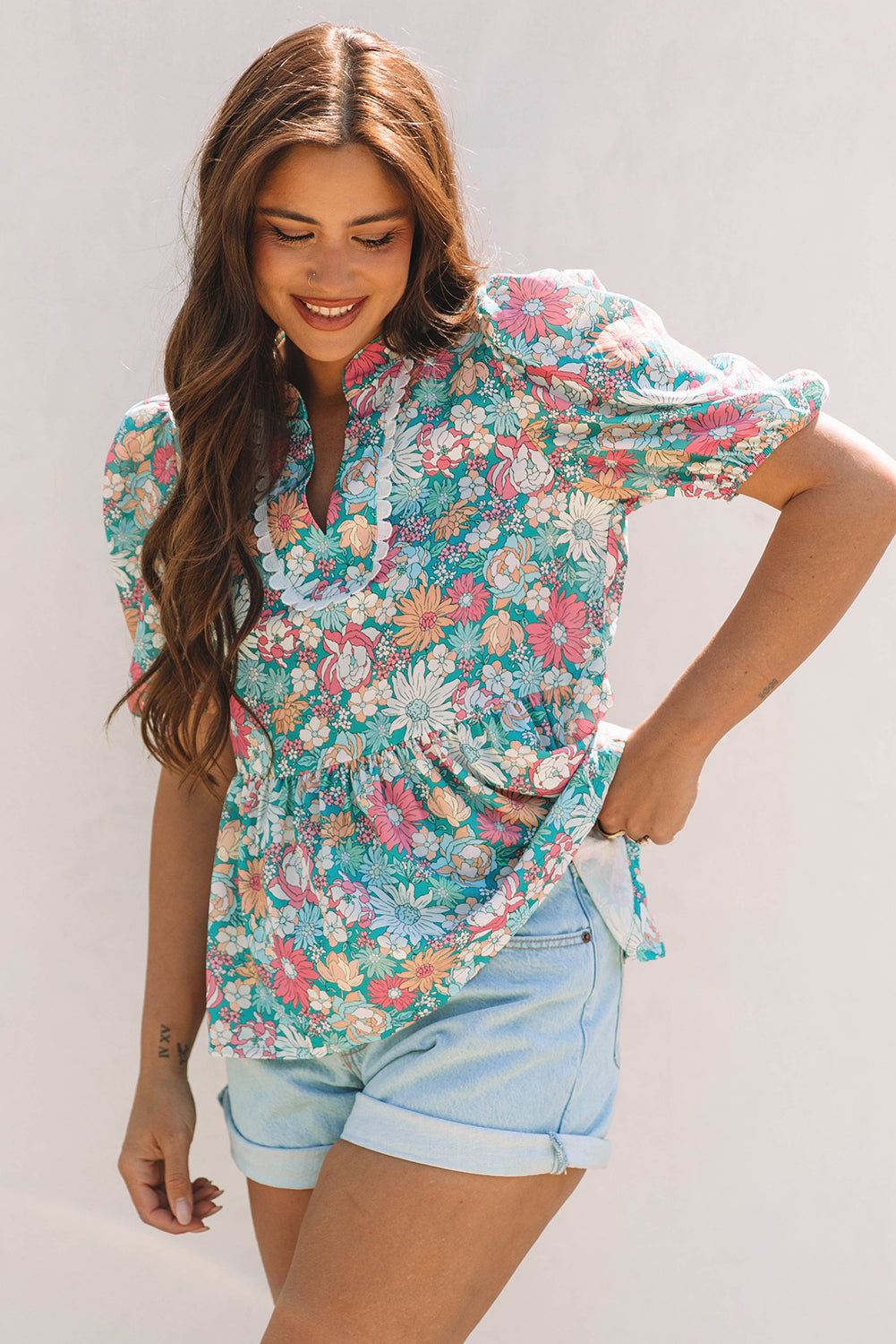 Multicolor Notched Neck Puff Short Sleeve Floral Blouse