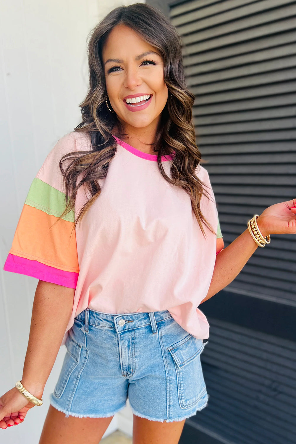 Pink Color Block Stitching Sleeve Oversize Top