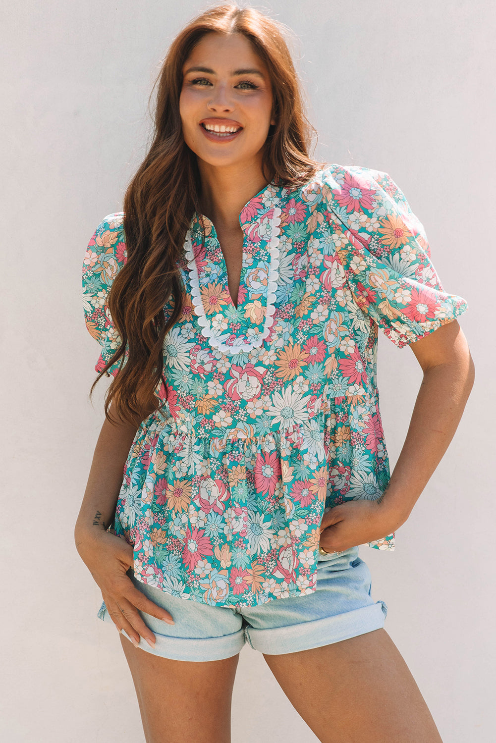 Multicolor Notched Neck Puff Short Sleeve Floral Blouse