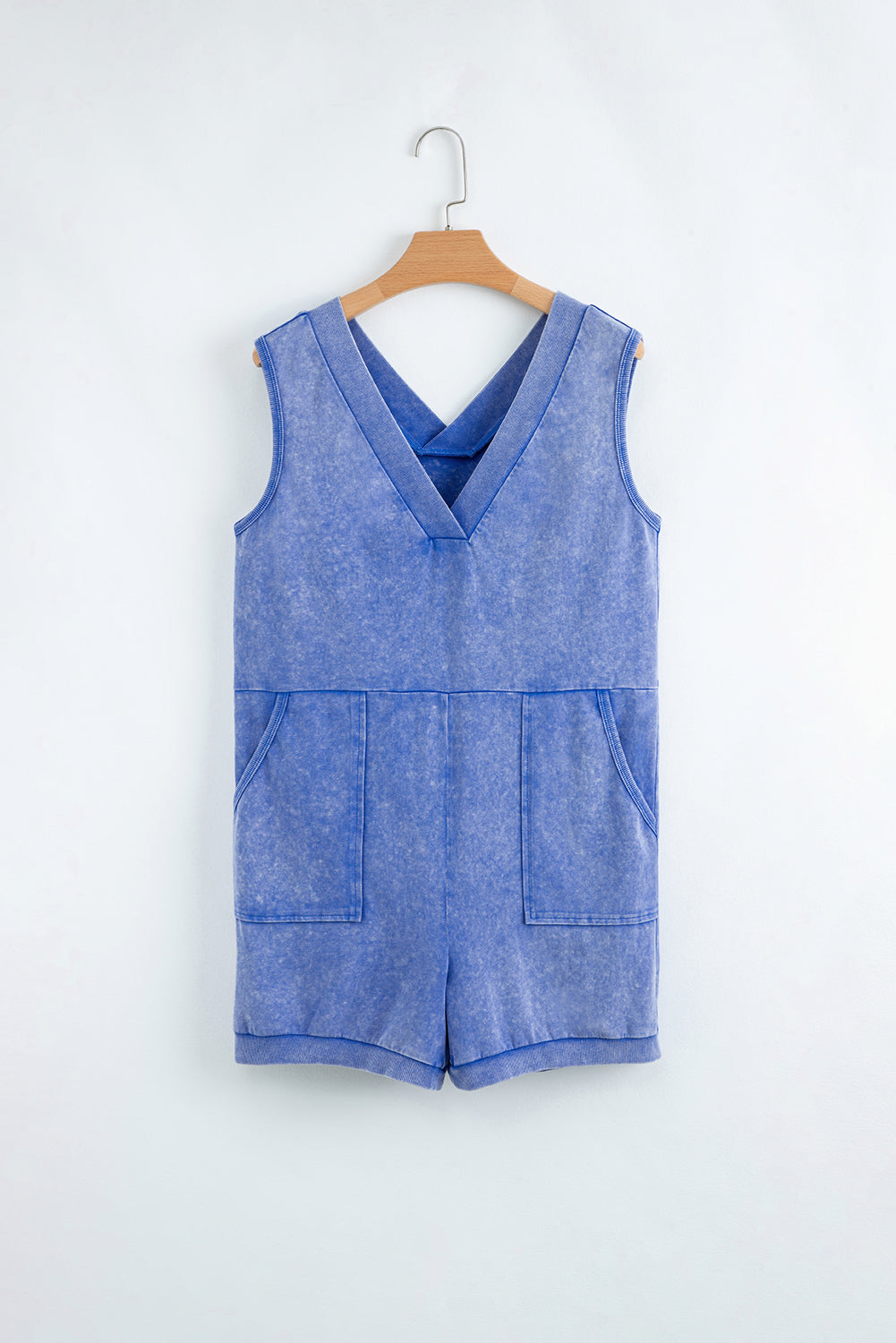 Sky Blue Mineral Wash Pocketed Sleeveless V Neck Loose Romper